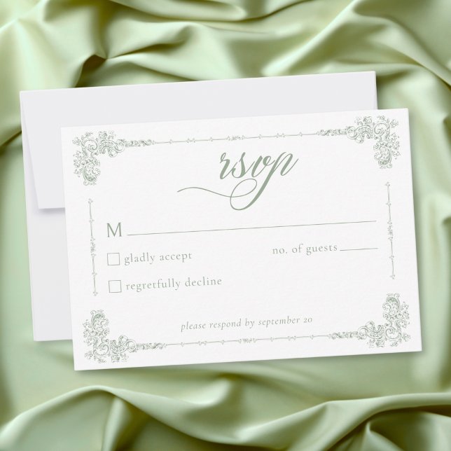 Cartons Réponse Mariage Élégant Vintage Baroque Vert Sauge (Elegant Vintage Baroque Sage Green Wedding RSVP Card)