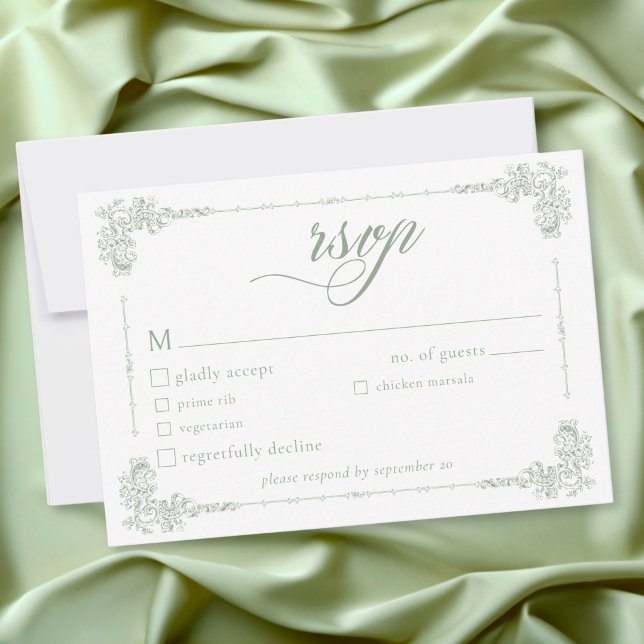 Cartons Réponse Mariage Élégant Vintage Baroque Vert Sauge (Elegant Vintage Baroque Sage Green Wedding RSVP Card)