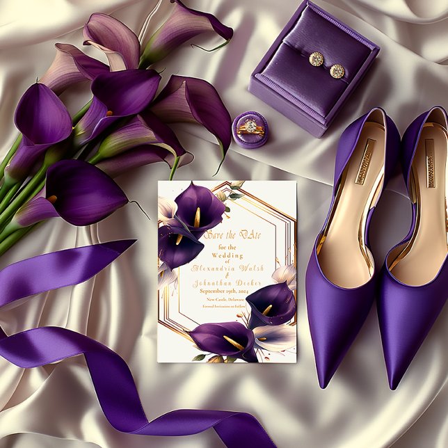 Cartons Réponse Mariage élégant violet et or Calla Lily (Purple Calla Lily Save the Date Wedding Enclosure Card)
