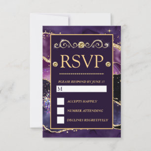 Cartons Réponse Mariage Élégant Violet Or Paillettes Marbre Agate