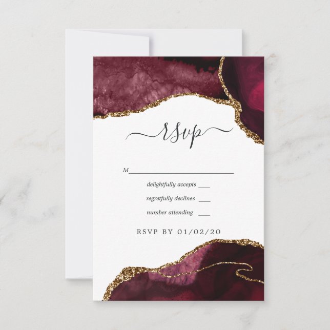 Cartons Réponse Mariage en Agate Bourgogne et Or (Devant)