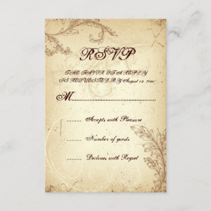 Cartons Réponse Mariage en feuille de scroll vintage beige, brun R