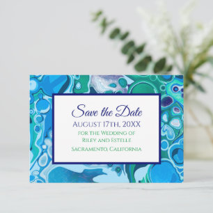 Cartons Réponse Mariage en marbre bleu et vert Enregistrer la date
