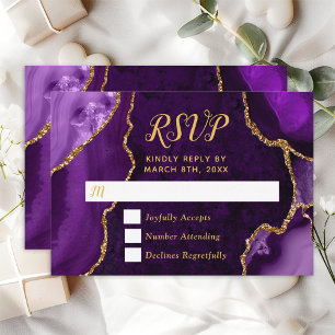Cartons Réponse Mariage en marbre violet et or Agate