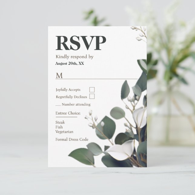 Cartons Réponse Mariage Eucalyptus moderne (Debout devant)