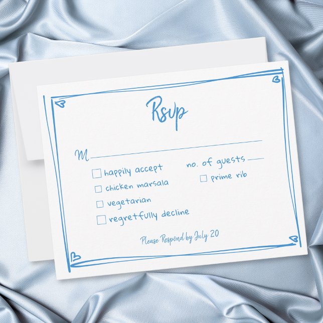 Cartons Réponse Mariage fantaisiste bleu blanc à main levée  (Blue White Hand Drawn Heart Whimsical Wedding RSVP Card)