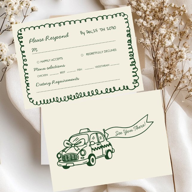 Cartons Réponse mariage fantaisiste dessiné à la main vert  (Créateur téléchargé)