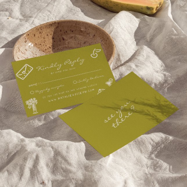 Cartons Réponse Mariage fantaisiste romantique vert dessiné à la m (Créateur téléchargé)