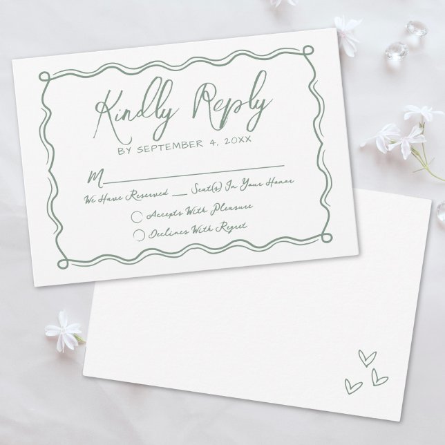 Cartons Réponse Mariage fantaisiste vert dessiné à la main (Hand Drawn Green Whimsical Wedding RSVP Card )
