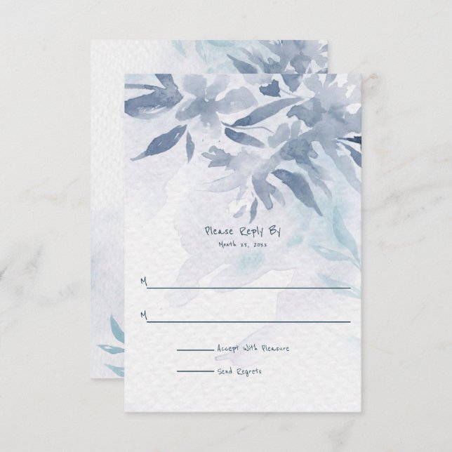 Cartons Réponse Mariage Feuille Aquarelle bleu doux (Devant / Derrière)