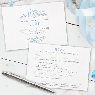 Cartons Réponse Mariage feuille art monogramme bleu mariage