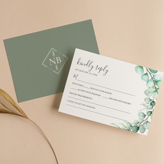 Cartons Réponse Mariage Feuille simple Eucalyptus verdure (Créateur téléchargé)