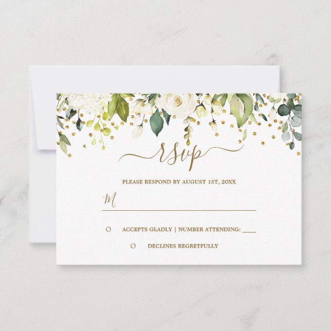 Cartons Réponse Mariage Fleur Blanche Or Confettis (Devant)