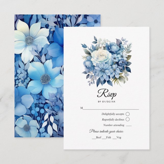 Cartons Réponse Mariage Fleur Bleu Poussiéreux (Devant / Derrière)