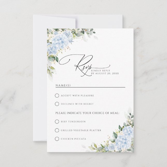 Cartons Réponse Mariage Fleur de Hortensia Bleu avec Choix de Repa (Devant)