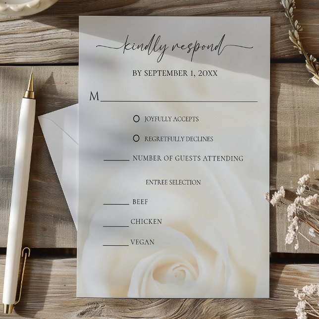 Cartons Réponse Mariage Fleur de Rose Blanche Douce (Floral Soft White Rose Wedding RSVP Card)