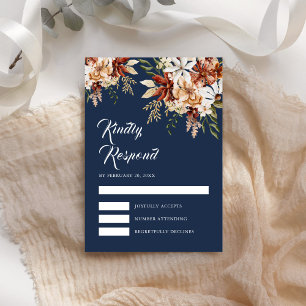 Cartons Réponse Mariage Fleur de Terracotta Bleu Nuit
