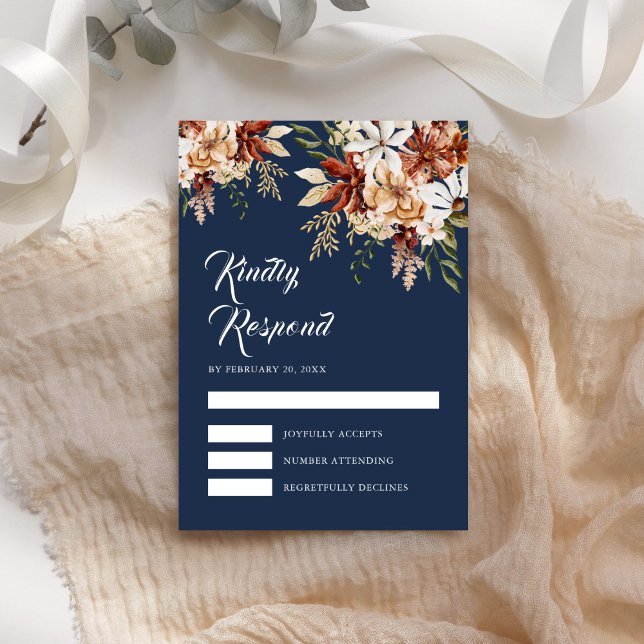 Cartons Réponse Mariage Fleur de Terracotta Bleu Nuit (Créateur téléchargé)