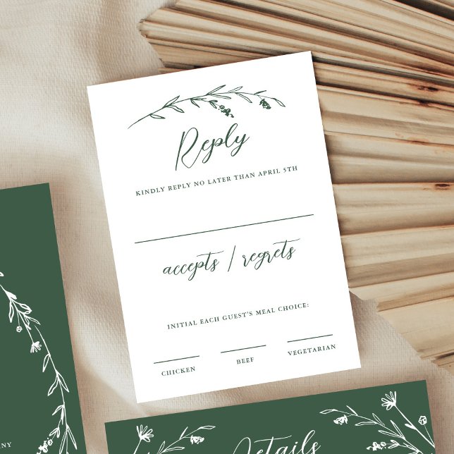 Cartons Réponse Mariage Fleur sauvage rustique élégant vert foncé (Créateur téléchargé)