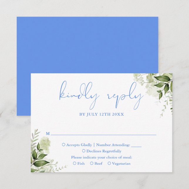 Cartons Réponse Mariage Fleurie Bleu Bleuet de Verdure (Devant / Derrière)