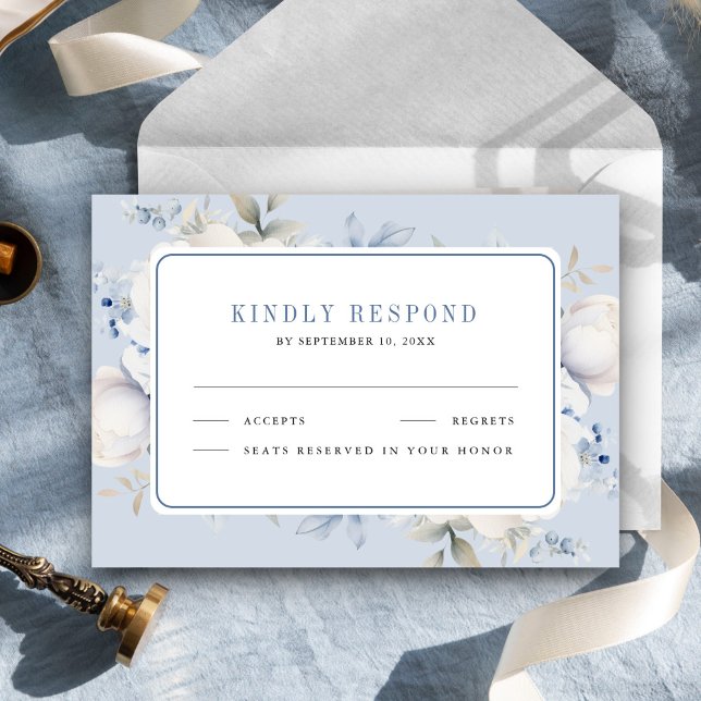Cartons Réponse Mariage Fleurie Bleu Poussiéreux et Blanc (Créateur téléchargé)