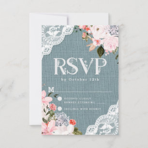 Cartons Réponse Mariage Fleurie en Bleu Poussiéreux Toile de Jute