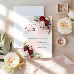 Cartons Réponse Mariage Fleuris Rouge Blanc Bohème Sophistiqué Or
