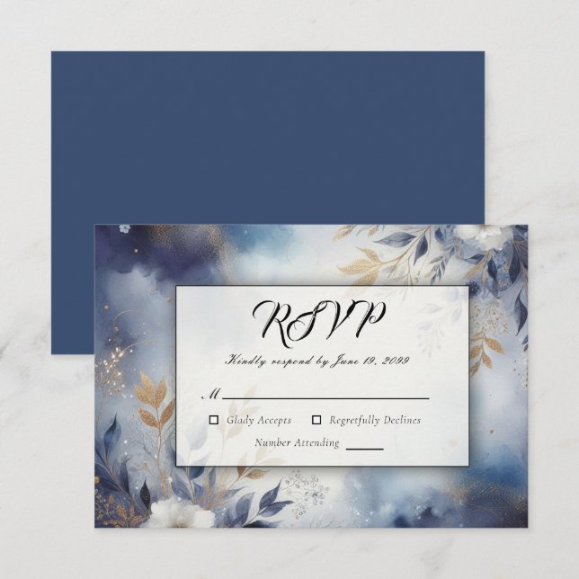 Cartons Réponse Mariage Fleurs Bleu Nuit et Or (Devant / Derrière)