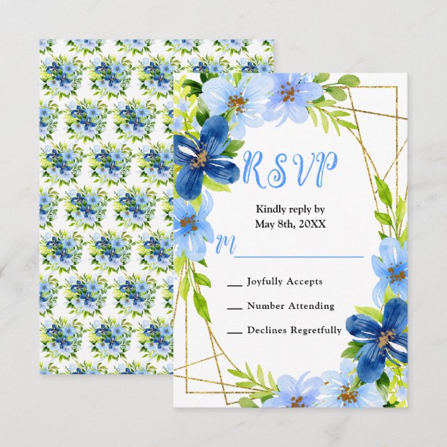 Cartons Réponse Mariage Fleurs Bleues et Nuit avec Feuillage (Devant / Derrière)