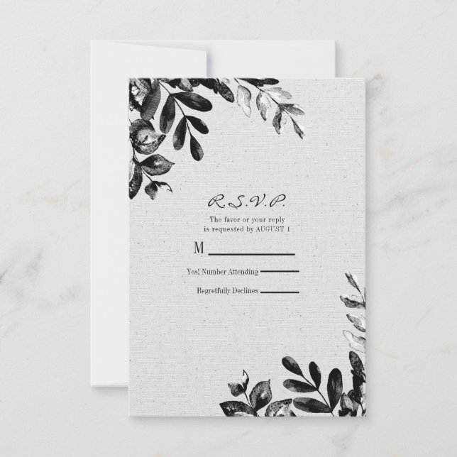 Cartons Réponse Mariage Fleurs Botaniques Noir + Blanc Vintage (Devant)