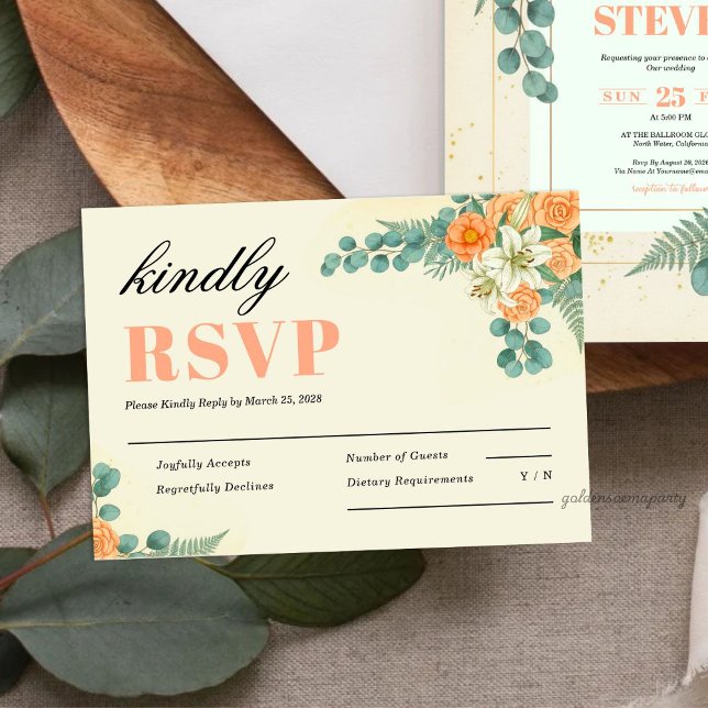 Cartons Réponse Mariage Fleurs de Pêcher et Feuillage d'Eucalyptus (Peach Floral and Eucalyptus Greenery Wedding RSVP Card)