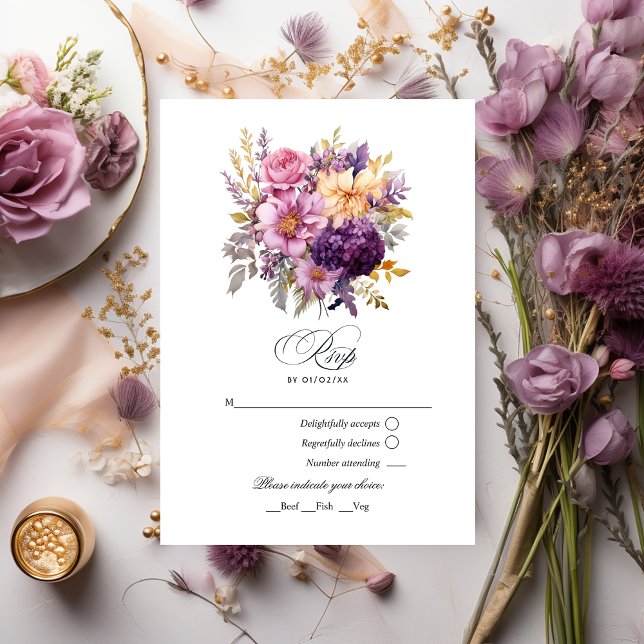 Cartons Réponse Mariage Fleurs Mauve et Or (Créateur téléchargé)