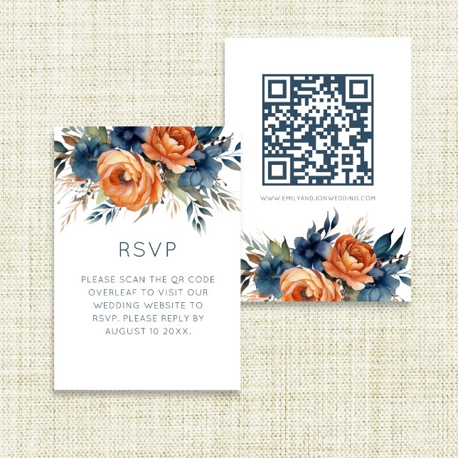 Cartons Réponse Mariage Fleurs Orange Brûlé Bleu Marine  (Front and back view)