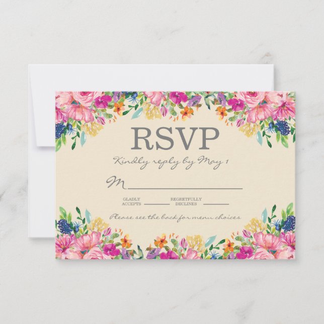 Cartons Réponse Mariage Fleurs Rose Bleu Jaune Boho  (Devant)
