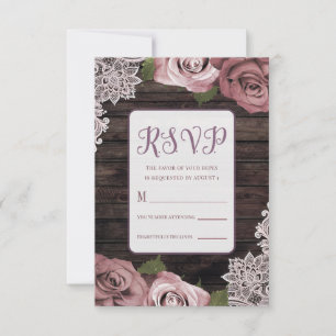 Cartons Réponse Mariage Fleurs Roses Poussiéreuses Bois Rustique &
