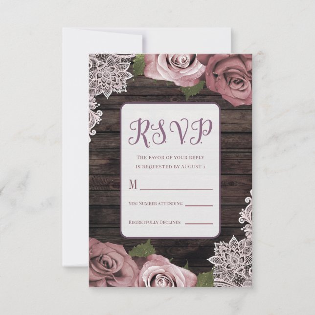 Cartons Réponse Mariage Fleurs Roses Poussiéreuses Bois Rustique & (Devant)