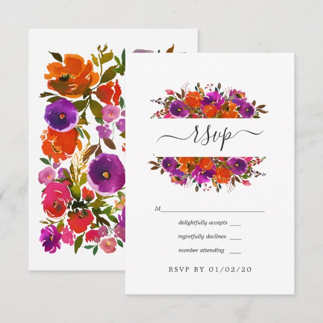 Cartons Réponse Mariage Fleurs Violettes et Orange (Devant / Derrière)