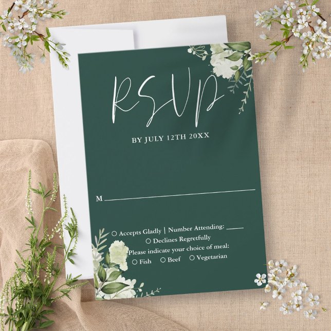 Cartons Réponse Mariage floral à la verdure émeraude élégante (Elegant Emerald Greenery Floral Wedding RSVP Card)