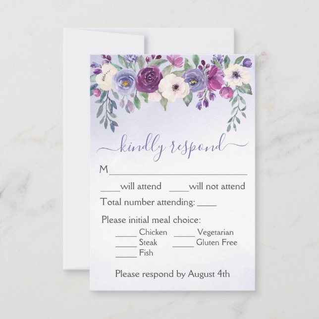 Cartons Réponse Mariage Floral Aquarelle Fuchsia Pervenche (Devant)