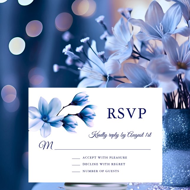 Cartons Réponse Mariage Floral Aquarelle Magnolia Bleu Nuit (Watercolor Floral Magnolia Blue Navy Wedding RSVP Card)