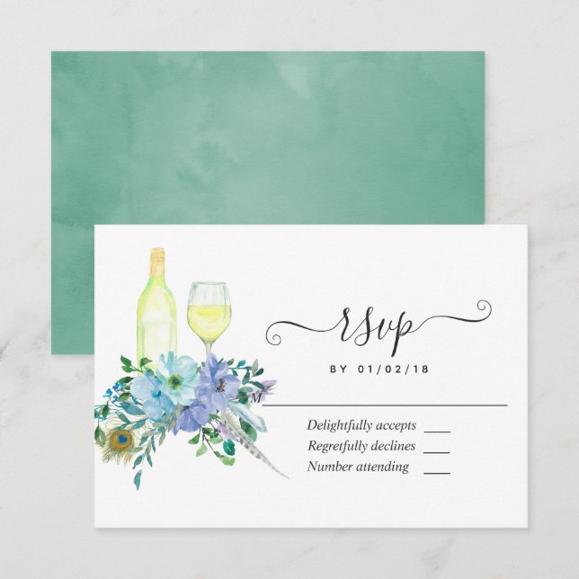 Cartons Réponse Mariage floral aquarelle menthe et bleu (Devant / Derrière)