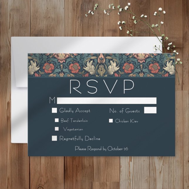 Cartons Réponse Mariage Floral Art Nouveau Bleu William Morris (Art Nouveau Blue William Morris Floral Wedding RSVP Card)