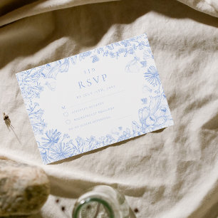 Cartons Réponse Mariage Floral Bleu Blanc Classique Français