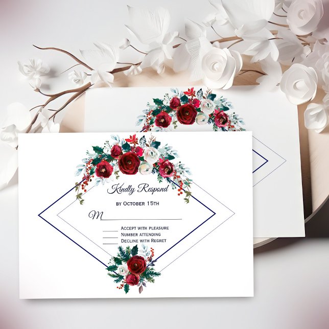 Cartons Réponse Mariage floral bleu marine de la marine géométriqu (Créateur téléchargé)