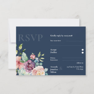 Cartons Réponse Mariage floral bleu marine Elegance