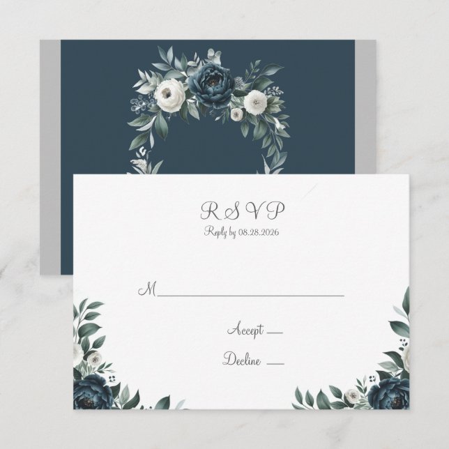 Cartons Réponse Mariage floral bleu marine et argent (Devant / Derrière)
