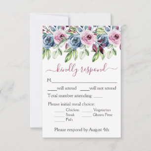 Cartons Réponse Mariage floral bleu marine et burgundy