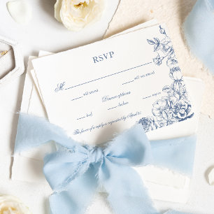 Cartons Réponse Mariage Floral Bleu Poussiéreux Élégant Classique