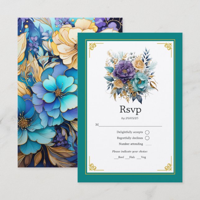 Cartons Réponse Mariage Floral Bleu Vert, Violet et Or (Devant / Derrière)