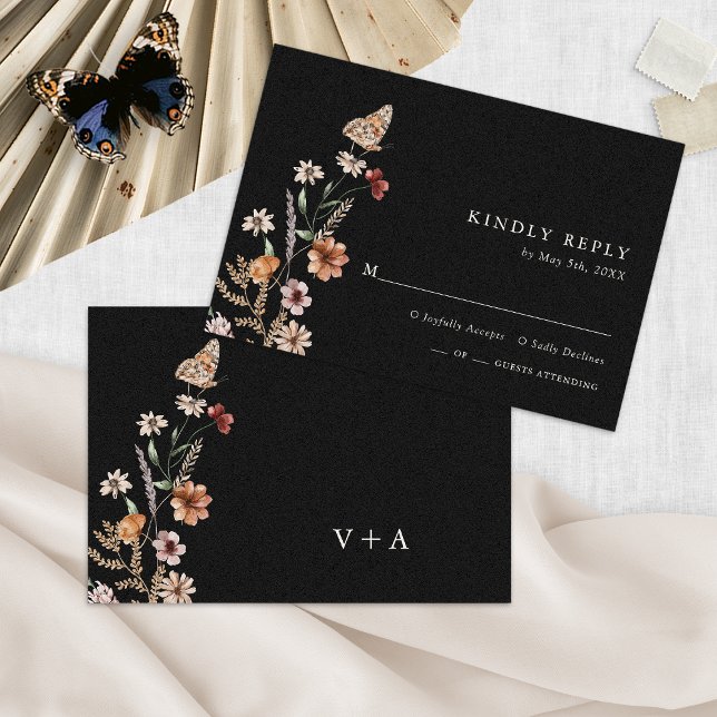 Cartons Réponse Mariage Floral Boho Chic (Black Floral Boho Chic Wedding RSVP Card Monogrammed by Painted Paperie
)